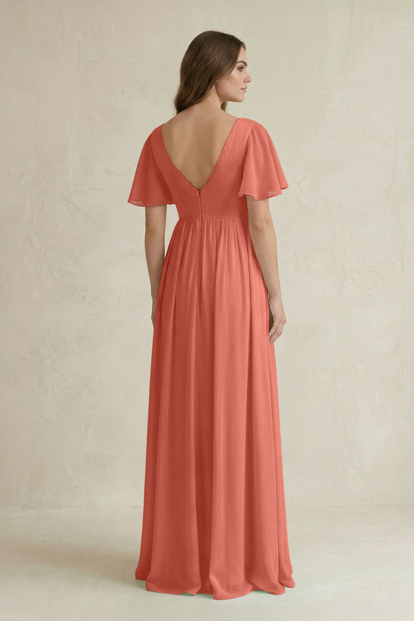 Short Sleeve V - Neck A - Line Chiffon Bridesmaid Dress in Wild Rose - KISS BRIDAL Bridesmaid Dresses