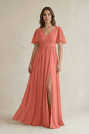 Short Sleeve V - Neck A - Line Chiffon Bridesmaid Dress in Wild Rose - KISS BRIDAL Bridesmaid Dresses