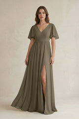 Short Sleeve V - Neck A - Line Chiffon Bridesmaid Dress in Willow Green - KISS BRIDAL Bridesmaid Dresses