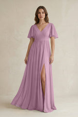 Short Sleeve V - Neck A - Line Chiffon Bridesmaid Dress in Wisteria - KISS BRIDAL Bridesmaid Dresses