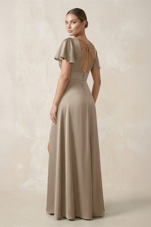Short Sleeve V - Neck A - Line Satin Bridesmaid Dress With Slit in Almond - SHE IS ME Bridesmaid Dresses