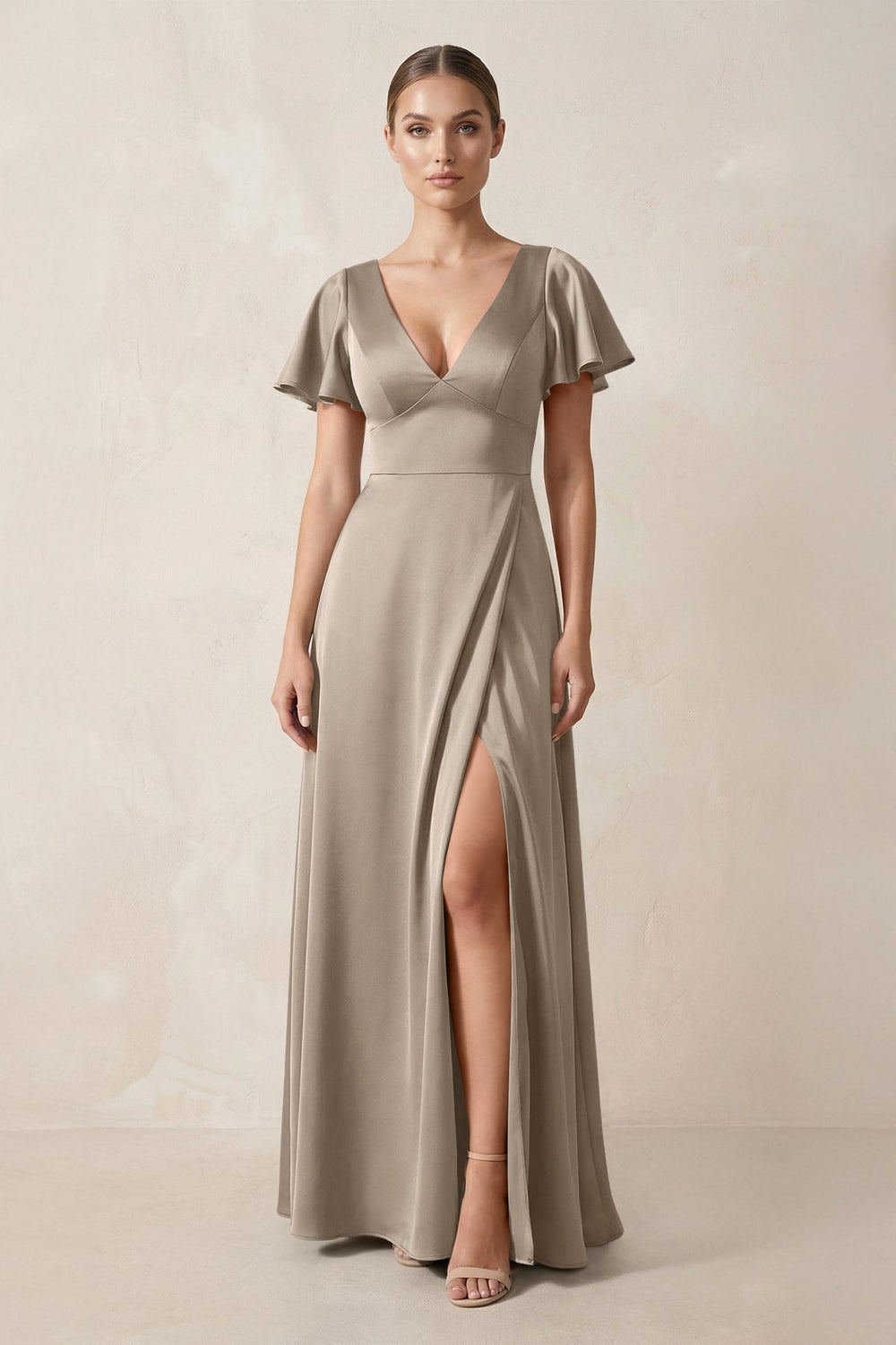 Short Sleeve V - Neck A - Line Satin Bridesmaid Dress With Slit in Almond - KISS BRIDAL Bridesmaid Dresses