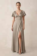 Short Sleeve V - Neck A - Line Satin Bridesmaid Dress With Slit in Almond - SHE IS ME Bridesmaid Dresses