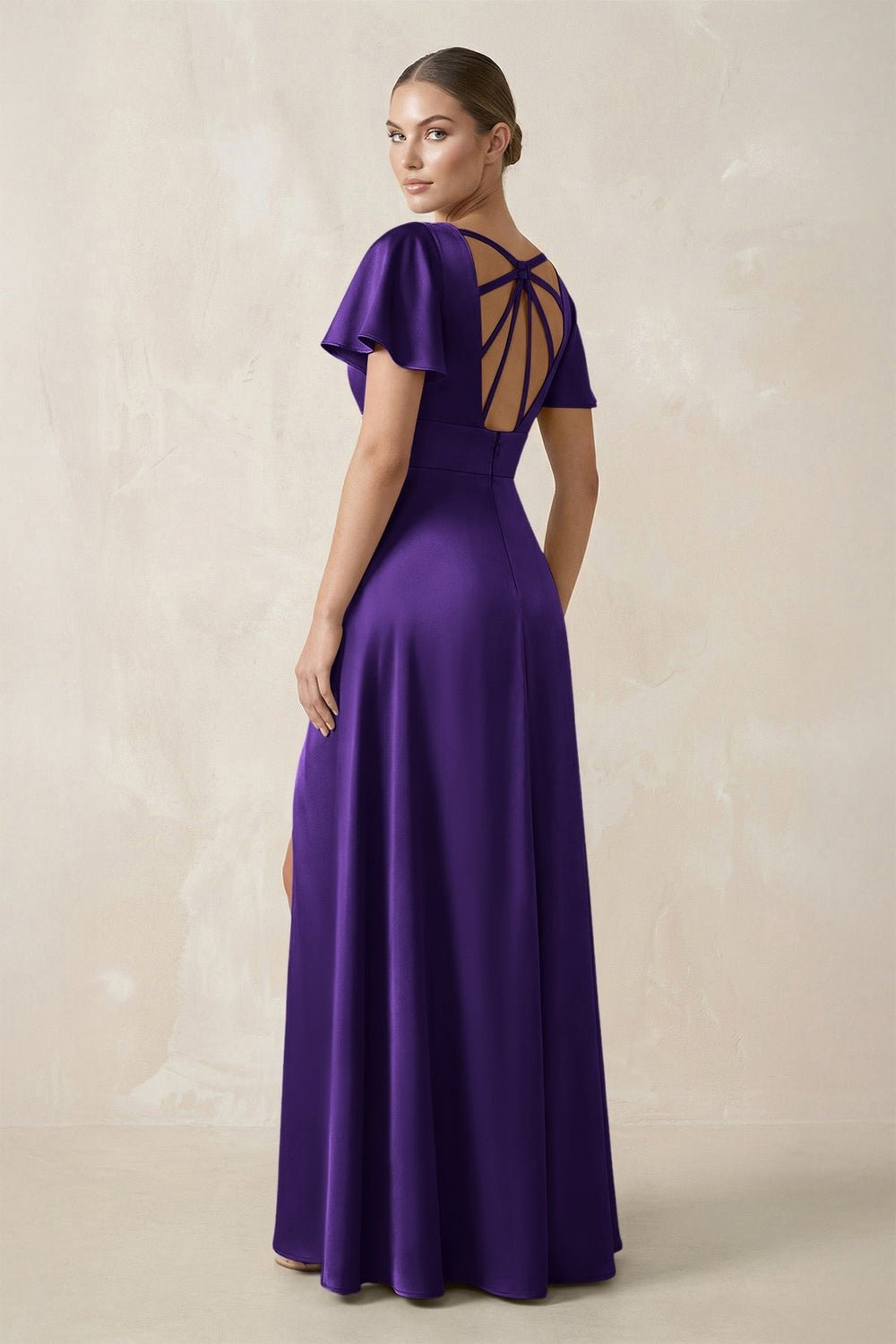 Short Sleeve V - Neck A - Line Satin Bridesmaid Dress With Slit in Amethyst - KISS BRIDAL Bridesmaid Dresses
