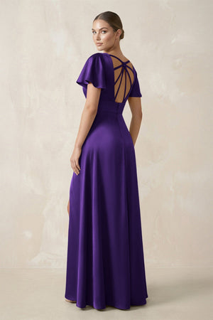 Short Sleeve V - Neck A - Line Satin Bridesmaid Dress With Slit in Amethyst - KISS BRIDAL Bridesmaid Dresses