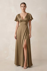 Short Sleeve V - Neck A - Line Satin Bridesmaid Dress With Slit in Apple Cinnamon - KISS BRIDAL Bridesmaid Dresses
