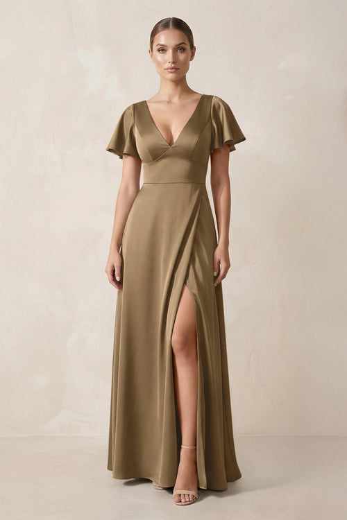 Short Sleeve V - Neck A - Line Satin Bridesmaid Dress With Slit in Apple Cinnamon - KISS BRIDAL Bridesmaid Dresses