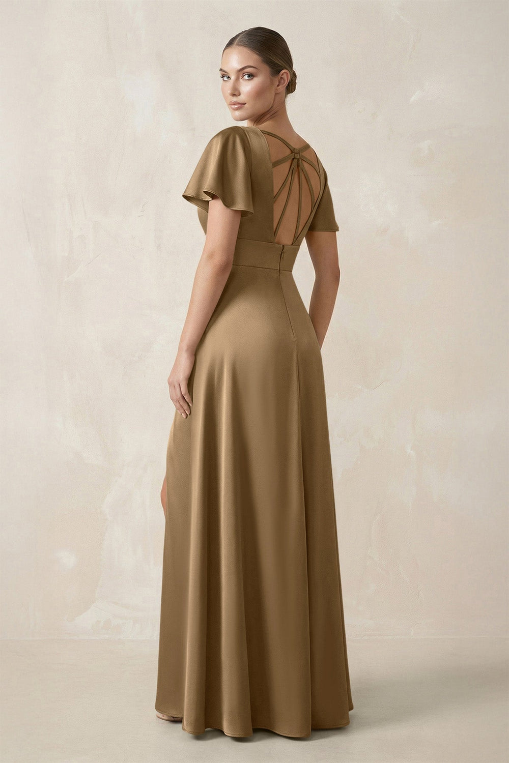 Short Sleeve V - Neck A - Line Satin Bridesmaid Dress With Slit in Apple Cinnamon - KISS BRIDAL Bridesmaid Dresses