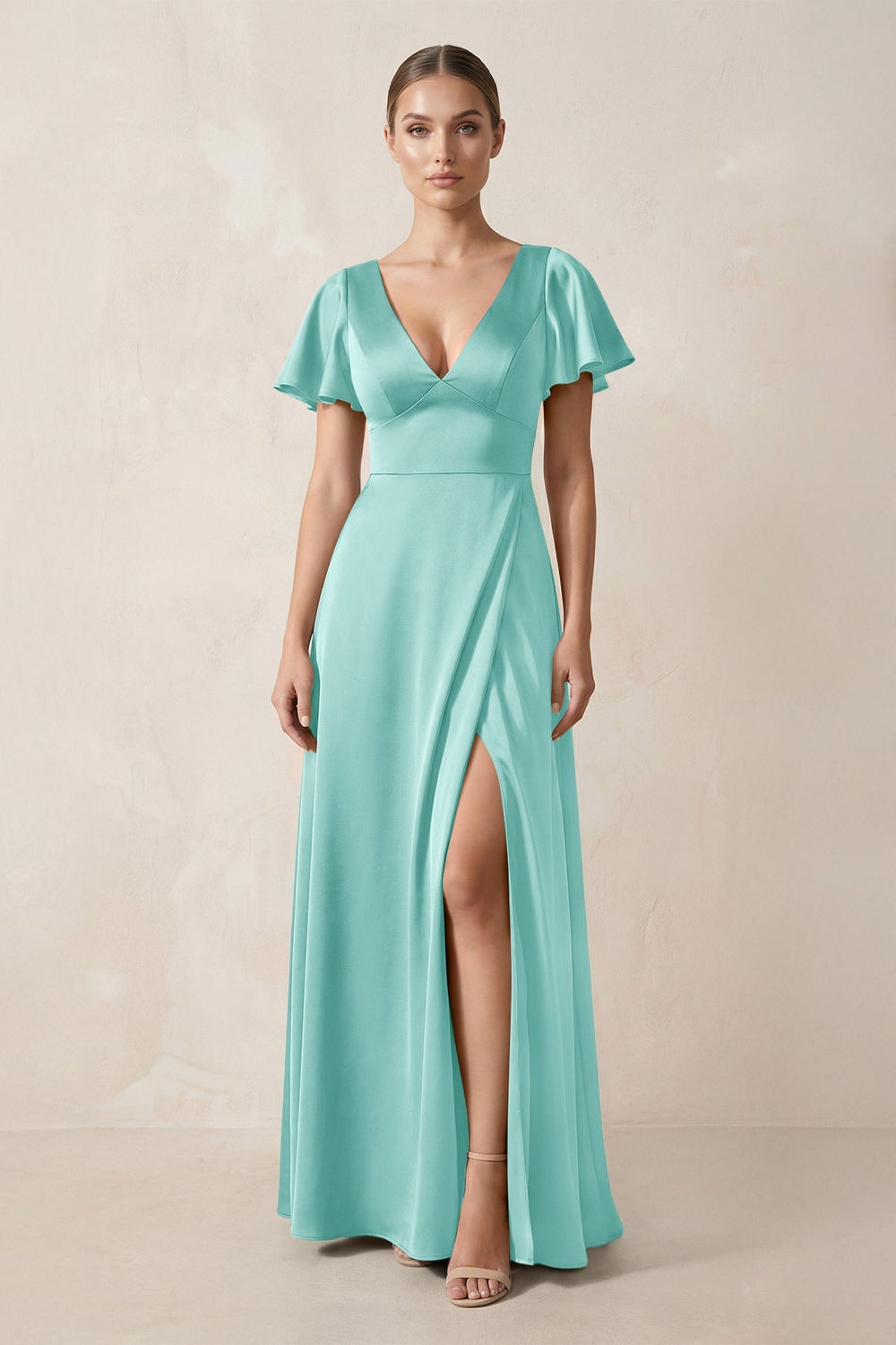 Short Sleeve V - Neck A - Line Satin Bridesmaid Dress With Slit in Aqua - SHE IS ME Bridesmaid Dresses