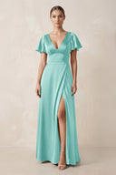 Short Sleeve V - Neck A - Line Satin Bridesmaid Dress With Slit in Aqua - SHE IS ME Bridesmaid Dresses