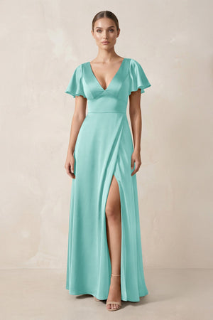 Short Sleeve V - Neck A - Line Satin Bridesmaid Dress With Slit in Aqua - SHE IS ME Bridesmaid Dresses