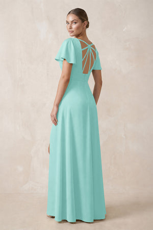 Short Sleeve V-Neck A-Line Satin Bridesmaid Dress With Slit in Aqua (2) | KISSBRIDAL