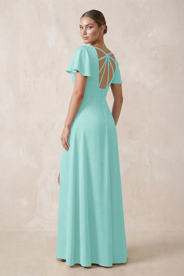 Short Sleeve V-Neck A-Line Satin Bridesmaid Dress With Slit in Aqua (2) | KISSBRIDAL