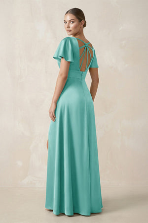 Short Sleeve V - Neck A - Line Satin Bridesmaid Dress With Slit in Aqua - SHE IS ME Bridesmaid Dresses