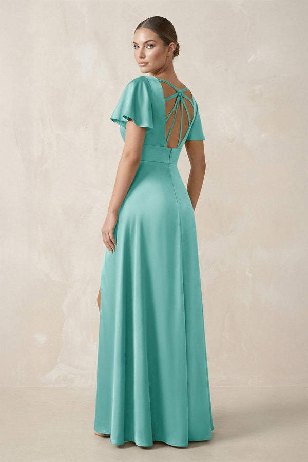 Short Sleeve V - Neck A - Line Satin Bridesmaid Dress With Slit in Aqua - SHE IS ME Bridesmaid Dresses