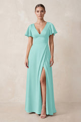 Short Sleeve V-Neck A-Line Satin Bridesmaid Dress With Slit in Aqua | KISSBRIDAL