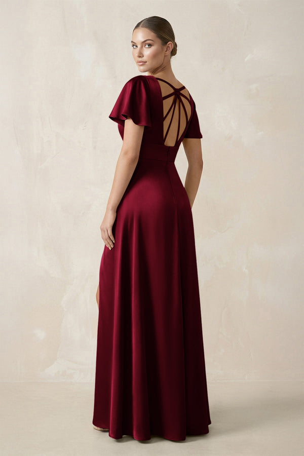 Short Sleeve V - Neck A - Line Satin Bridesmaid Dress With Slit in Berry - SHE IS ME Bridesmaid Dresses