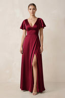 Short Sleeve V - Neck A - Line Satin Bridesmaid Dress With Slit in Berry - SHE IS ME Bridesmaid Dresses
