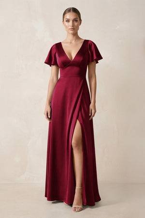Short Sleeve V - Neck A - Line Satin Bridesmaid Dress With Slit in Berry - SHE IS ME Bridesmaid Dresses