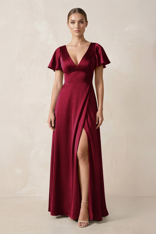 Short Sleeve V - Neck A - Line Satin Bridesmaid Dress With Slit in Berry - SHE IS ME Bridesmaid Dresses