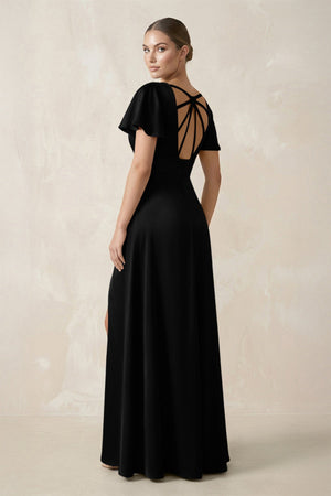 Short Sleeve V - Neck A - Line Satin Bridesmaid Dress With Slit in Black - KISS BRIDAL Bridesmaid Dresses