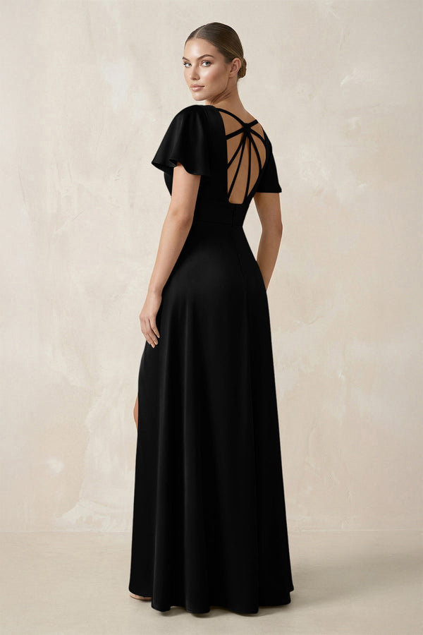 Short Sleeve V - Neck A - Line Satin Bridesmaid Dress With Slit in Black - KISS BRIDAL Bridesmaid Dresses