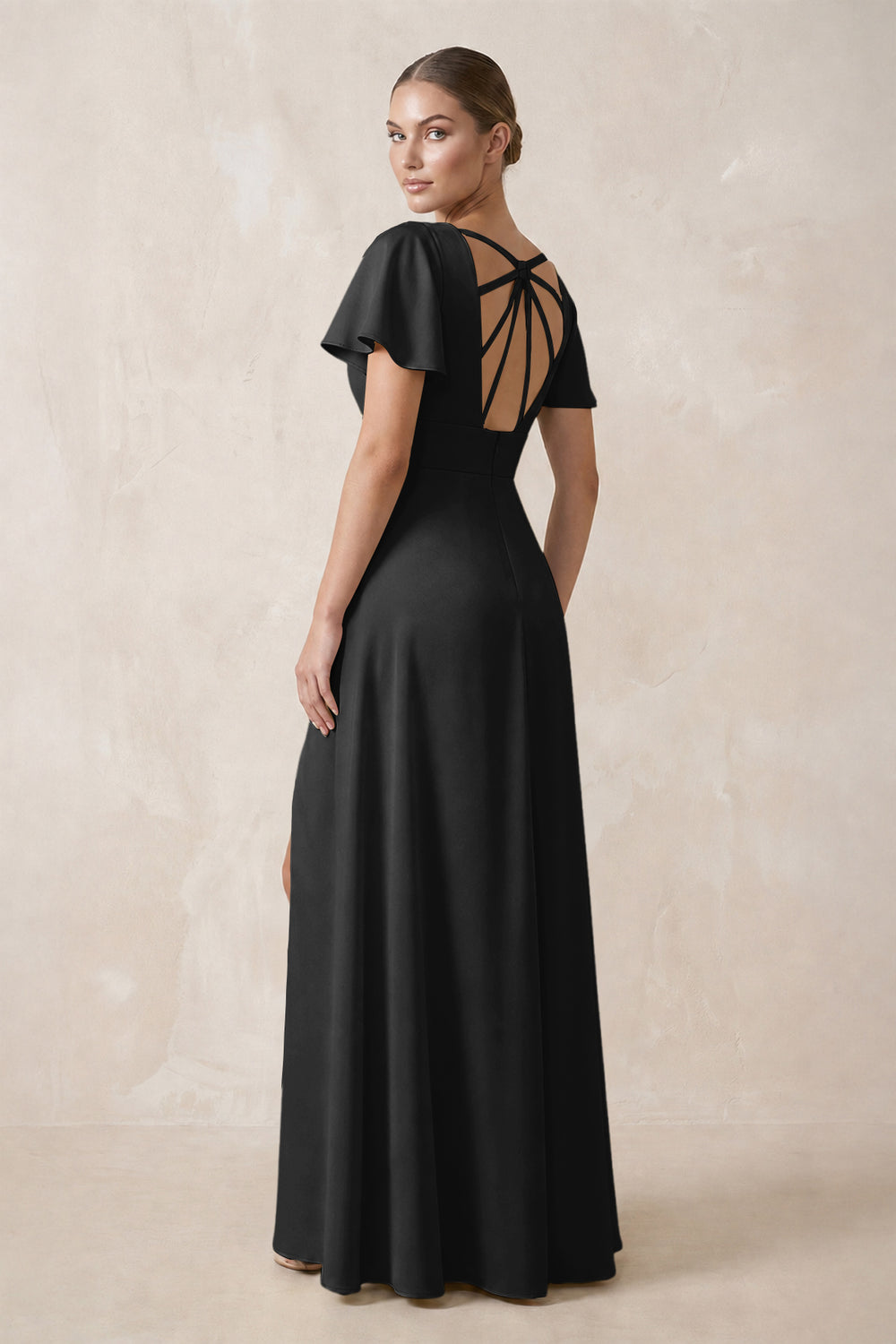 Short Sleeve V-Neck A-Line Satin Bridesmaid Dress With Slit in Black