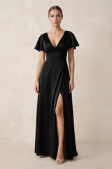 Short Sleeve V - Neck A - Line Satin Bridesmaid Dress With Slit in Black - KISS BRIDAL Bridesmaid Dresses