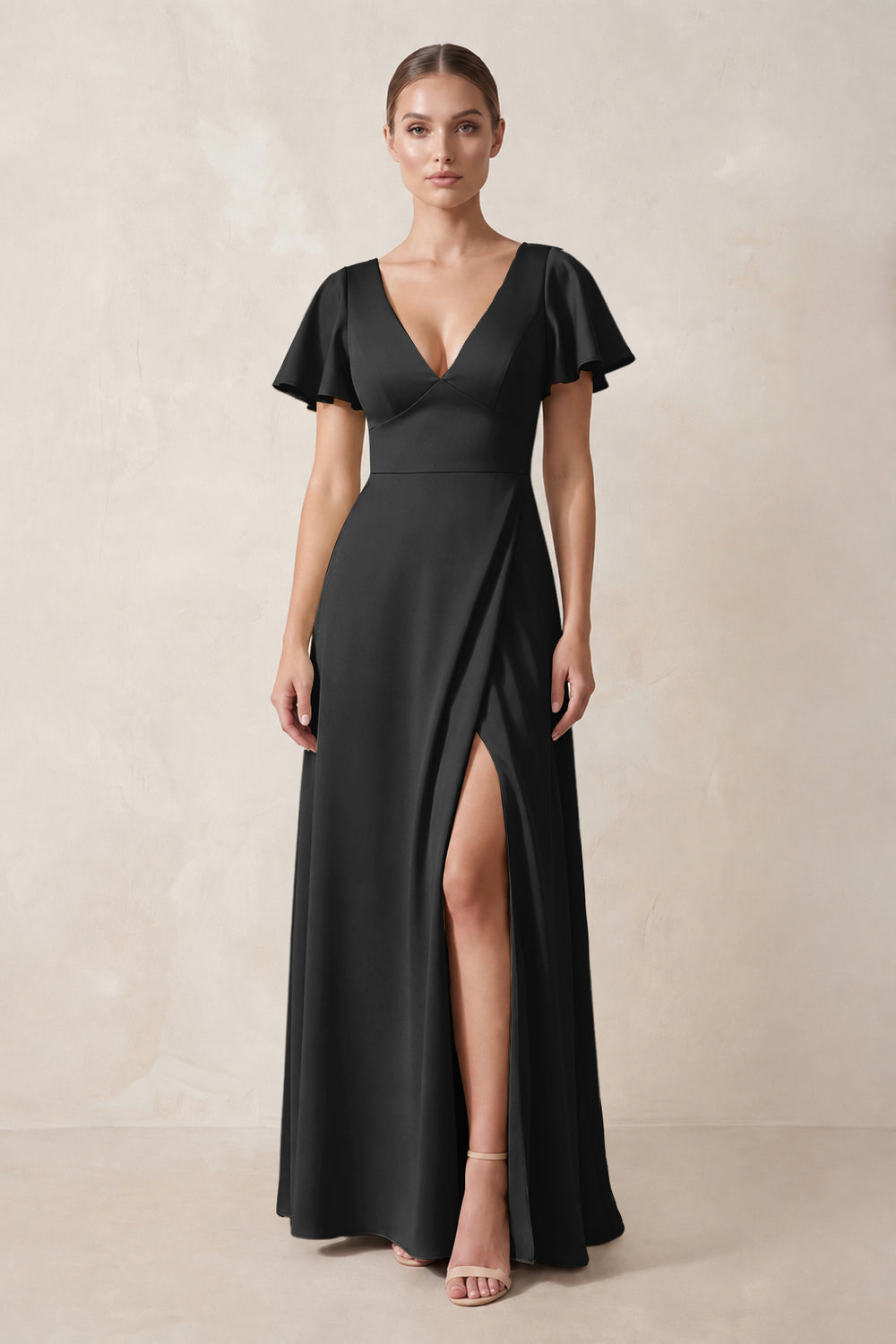 Short Sleeve V-Neck A-Line Satin Bridesmaid Dress With Slit in Black