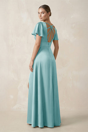 Short Sleeve V - Neck A - Line Satin Bridesmaid Dress With Slit in Bleached Aqua - SHE IS ME Bridesmaid Dresses