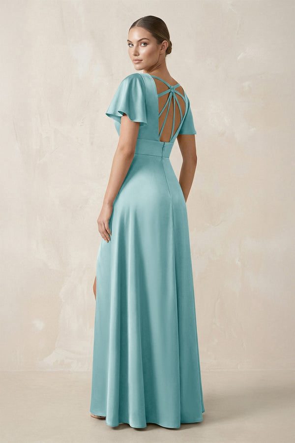 Short Sleeve V - Neck A - Line Satin Bridesmaid Dress With Slit in Bleached Aqua - SHE IS ME Bridesmaid Dresses