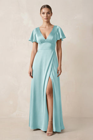 Short Sleeve V - Neck A - Line Satin Bridesmaid Dress With Slit in Bleached Aqua - SHE IS ME Bridesmaid Dresses