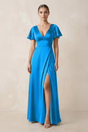 Short Sleeve V - Neck A - Line Satin Bridesmaid Dress With Slit in Blue Jay - KISS BRIDAL Bridesmaid Dresses