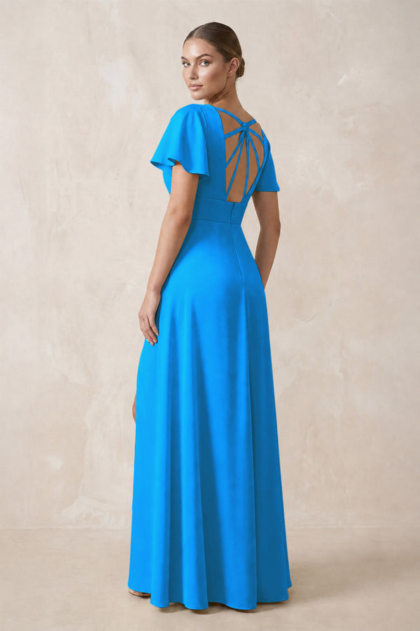 Short Sleeve V-Neck A-Line Satin Bridesmaid Dress With Slit in Blue Jay (2) | KISSBRIDAL