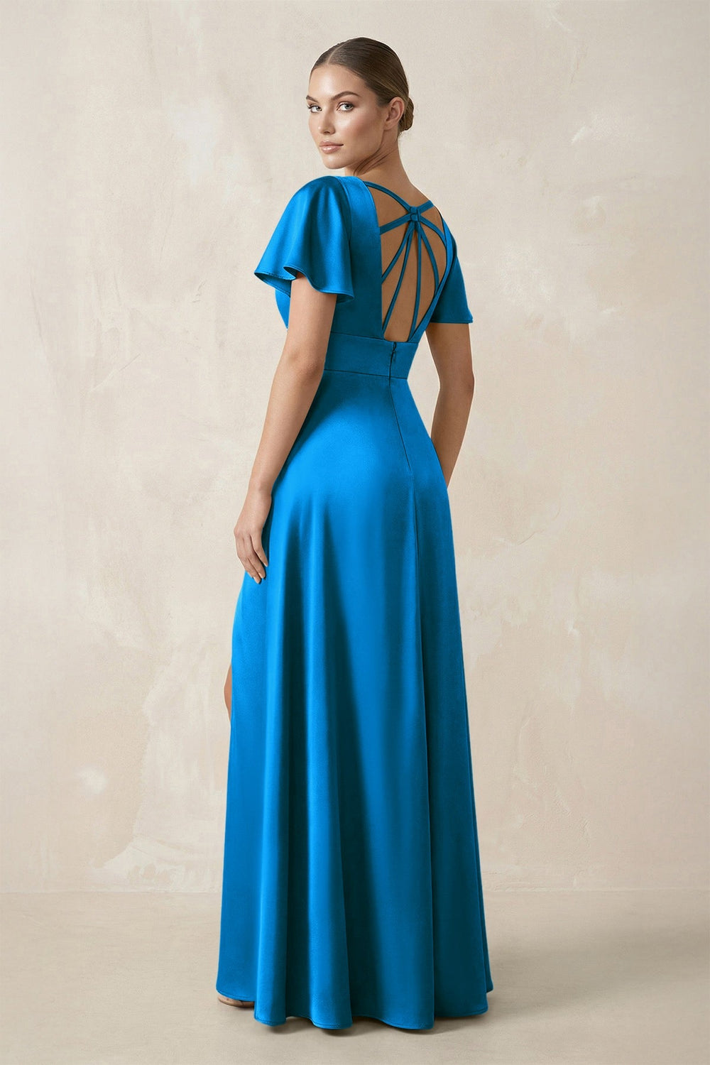 Short Sleeve V - Neck A - Line Satin Bridesmaid Dress With Slit in Blue Jay - KISS BRIDAL Bridesmaid Dresses