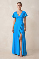 Short Sleeve V-Neck A-Line Satin Bridesmaid Dress With Slit in Blue Jay | KISSBRIDAL
