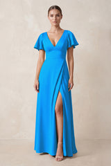 Short Sleeve V-Neck A-Line Satin Bridesmaid Dress With Slit in Blue Jay | KISSBRIDAL