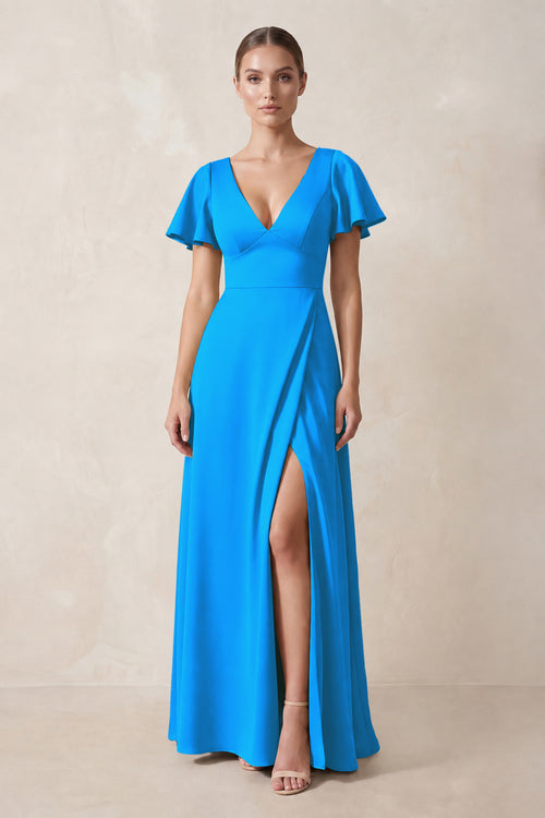 Short Sleeve V-Neck A-Line Satin Bridesmaid Dress With Slit in Blue Jay | KISSBRIDAL