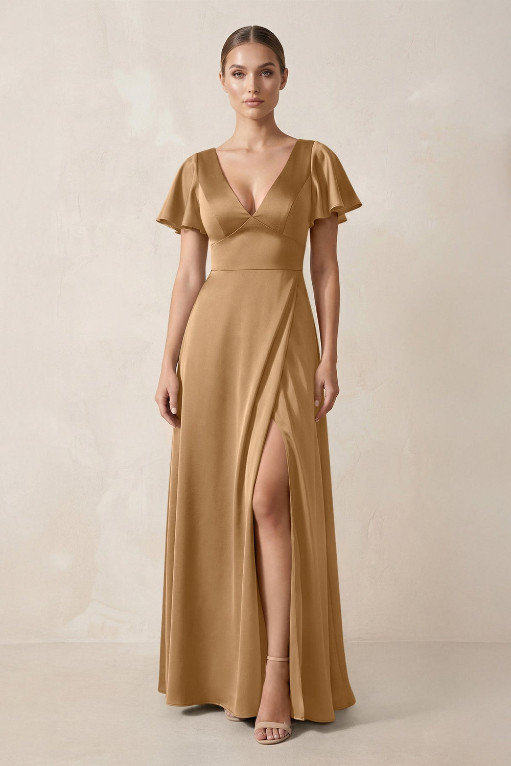 Short Sleeve V - Neck A - Line Satin Bridesmaid Dress With Slit in Bronzer - KISS BRIDAL Bridesmaid Dresses