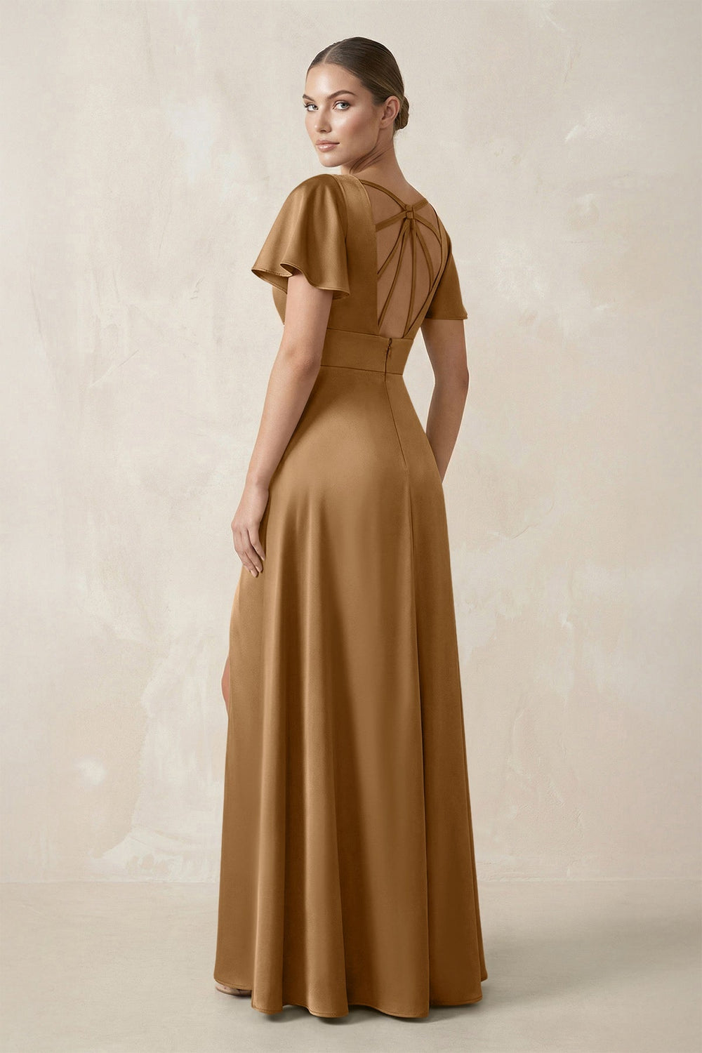 Short Sleeve V - Neck A - Line Satin Bridesmaid Dress With Slit in Bronzer - KISS BRIDAL Bridesmaid Dresses