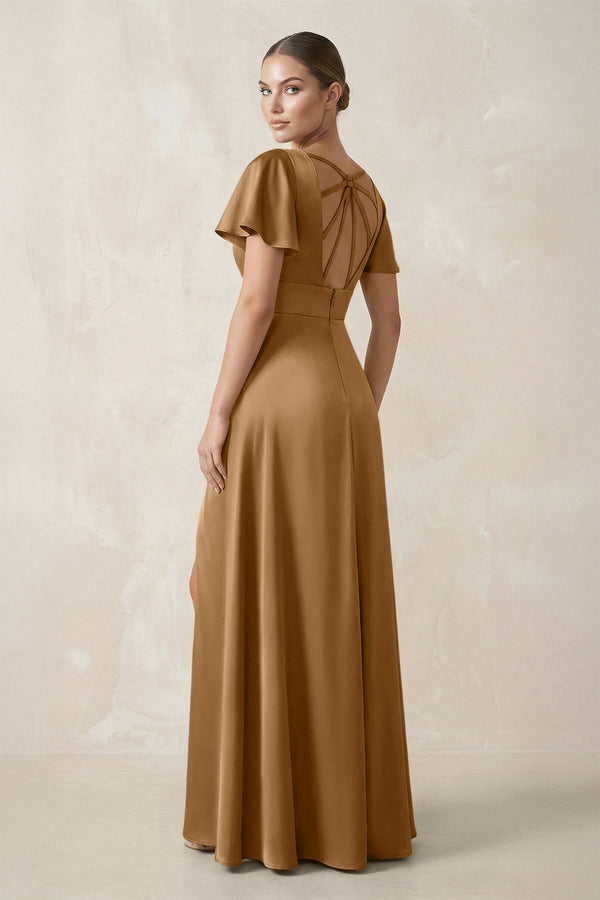 Short Sleeve V - Neck A - Line Satin Bridesmaid Dress With Slit in Bronzer - KISS BRIDAL Bridesmaid Dresses