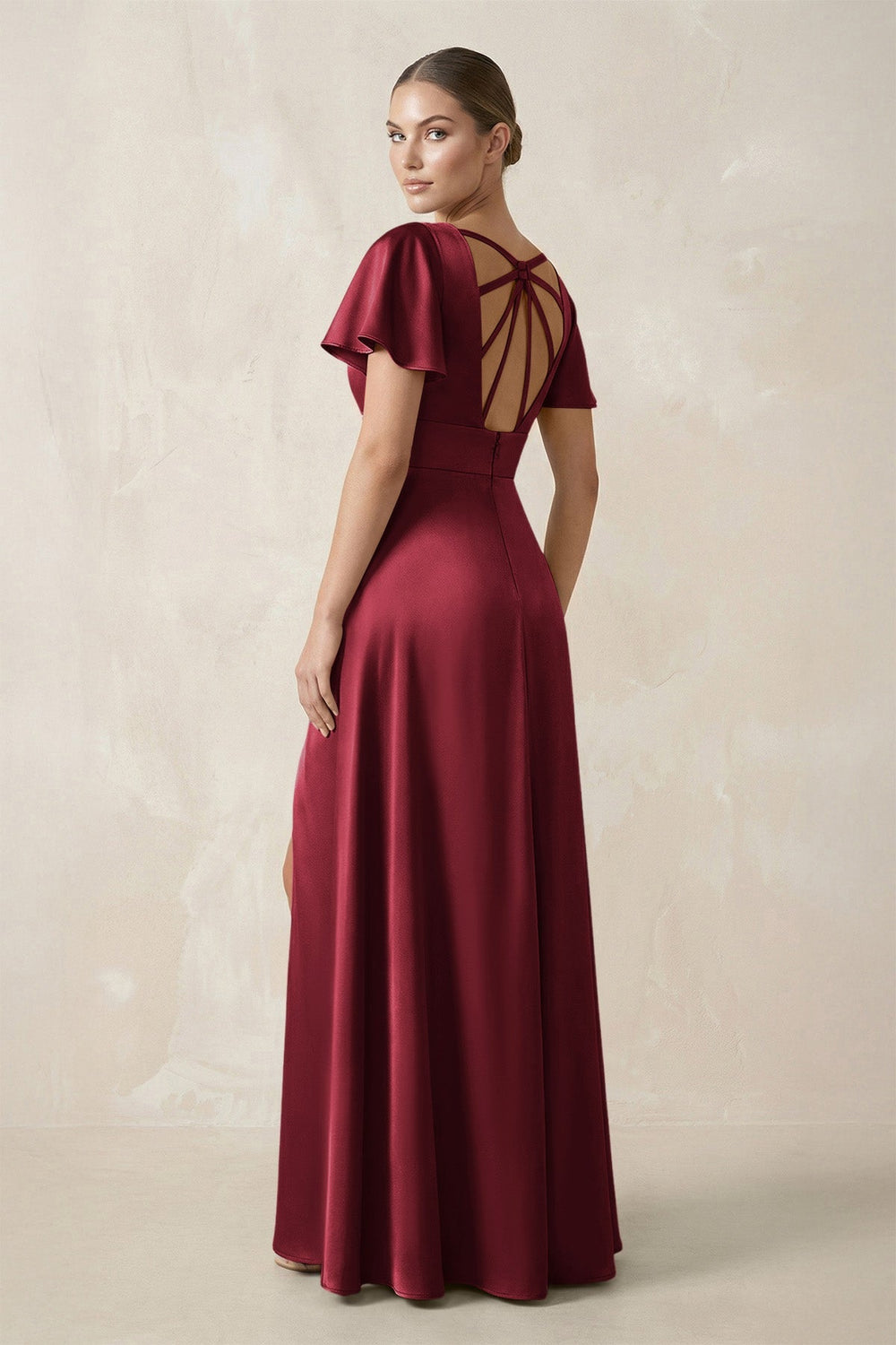 Short Sleeve V - Neck A - Line Satin Bridesmaid Dress With Slit in Burgundy - KISS BRIDAL Bridesmaid Dresses