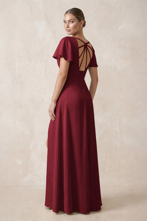 Short Sleeve V-Neck A-Line Satin Bridesmaid Dress With Slit in Burgundy (2) | KISSBRIDAL