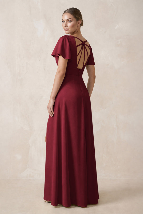 Short Sleeve V-Neck A-Line Satin Bridesmaid Dress With Slit in Burgundy (2) | KISSBRIDAL