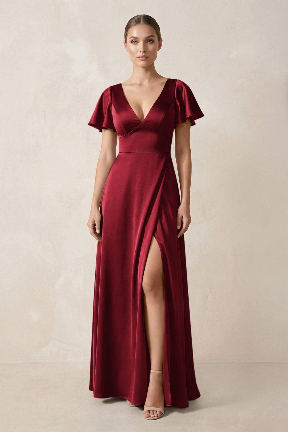 Short Sleeve V - Neck A - Line Satin Bridesmaid Dress With Slit in Burgundy - KISS BRIDAL Bridesmaid Dresses