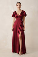 Short Sleeve V - Neck A - Line Satin Bridesmaid Dress With Slit in Burgundy - KISS BRIDAL Bridesmaid Dresses