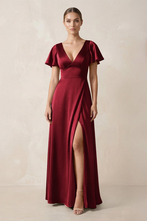 Short Sleeve V - Neck A - Line Satin Bridesmaid Dress With Slit in Burgundy - KISS BRIDAL Bridesmaid Dresses