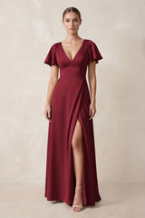 Short Sleeve V-Neck A-Line Satin Bridesmaid Dress With Slit in Burgundy | KISSBRIDAL