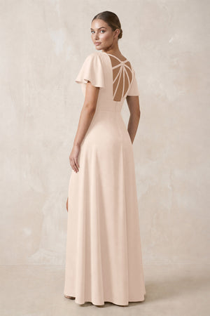 Short Sleeve V-Neck A-Line Satin Bridesmaid Dress With Slit in Buttercream (2) | KISSBRIDAL