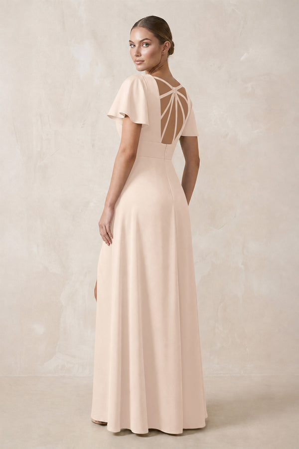 Short Sleeve V-Neck A-Line Satin Bridesmaid Dress With Slit in Buttercream (2) | KISSBRIDAL